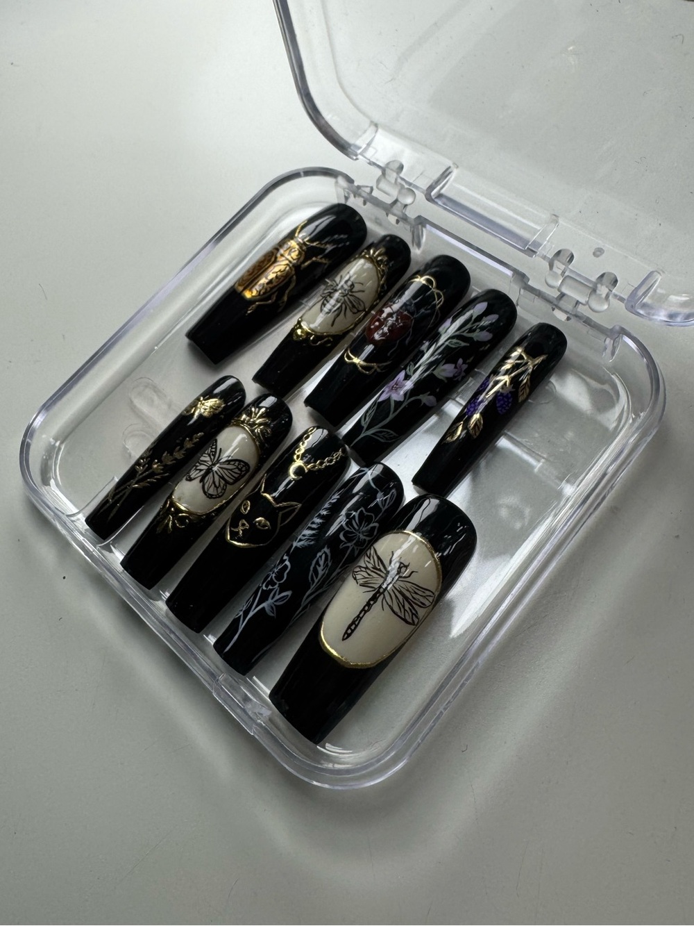 Handmade Gothic Vintage Press On Nails Cat Insect Botanical Art Black Extra Long